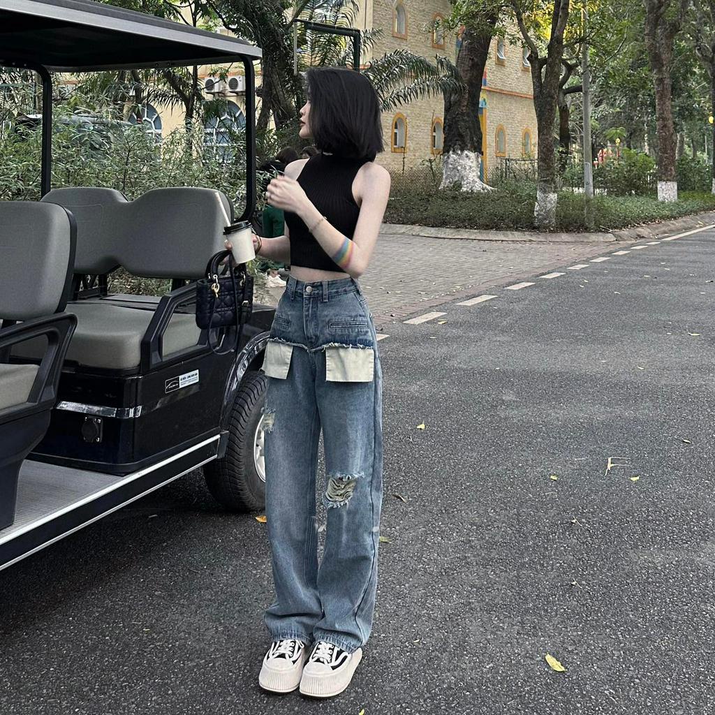 [ORNB803] QUẦN JEANS ỐNG RỘNG NỮ LƯNG CAO 2 TÚI NGANG LỘ TÚI RÁCH ĐÙI PHẢI MẢNG GỐI TRÁI MÀU XANH ĐẬM LAI CUỐN