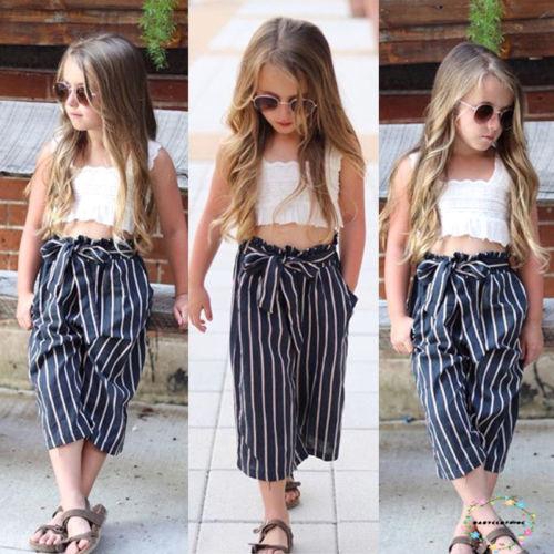 ღWSVღ2pcs Kids Baby Girls Outfits Casual T-shirt Tops Long Bowknot Pants Clothes Set