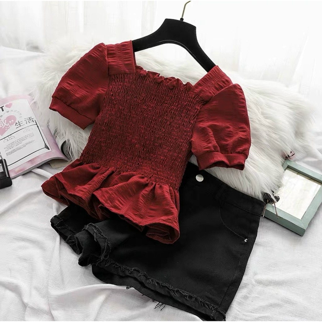 Áo nhún cổ vuông tay ngắn chất vải đũi xịn, phong cách dễ thương ôm dáng tôn dáng cực xinh | BigBuy360 - bigbuy360.vn