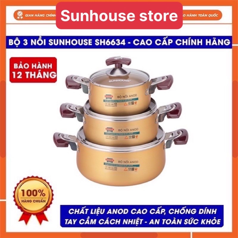 Bộ nồi Anod Sunhouse SH6634 chất liệu nhôm dùng bếp gas bếp hồng ngoại