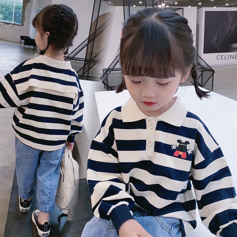 Áo thun Polo dài tay họa tiết kẻ sọc thời trang thu đông cho bé gái