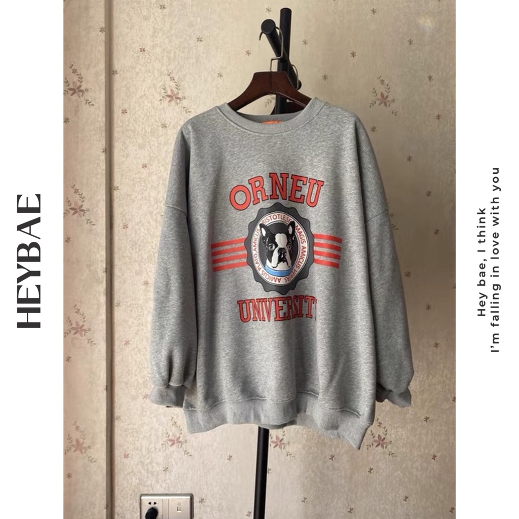 Áo sweater nỉ unisex ORNEU HEYBAE oversize dài tay in hoạ tiết vintage dáng rộng áo nỉ chui đầu siêu ấm AK032 | BigBuy360 - bigbuy360.vn
