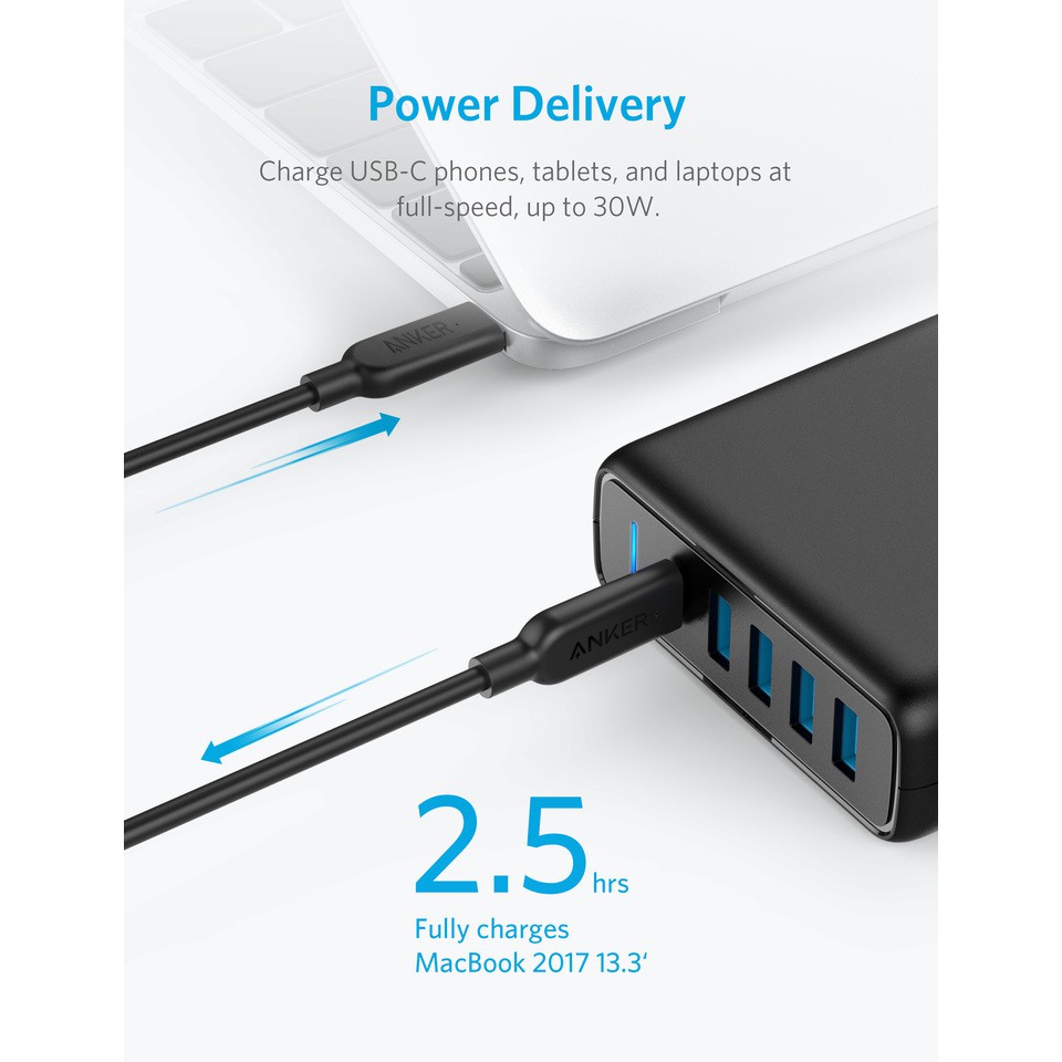 Sạc ANKER PowerPort 5 cổng 60W - 1 USB-C PD 30W & 4 USB A Power IQ 12W - Model A2056 (HÀNG CHÍNH HÃNG) - BH 18 THÁNG