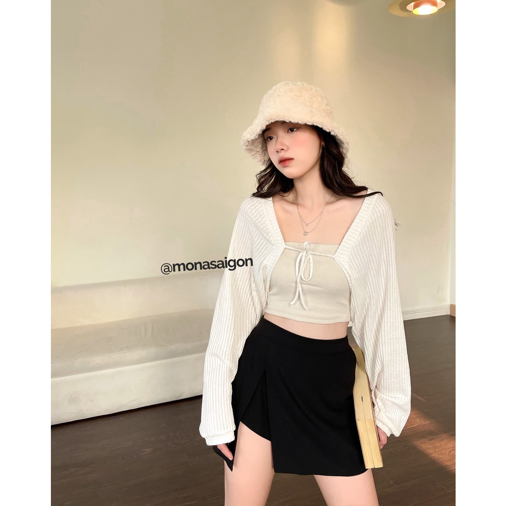 MONÁ - Áo cardigan suôn cột nơ tay dài - JENA TOP | KHÔNG KÈM VÁY