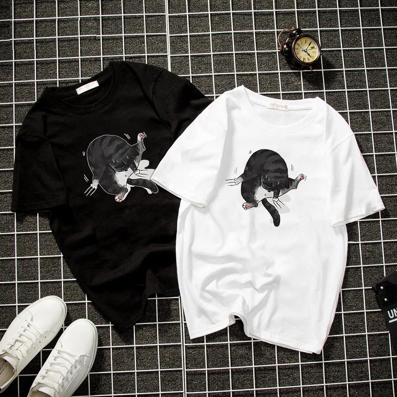 Áo thun unisex form rộng mèo dễ thương vải dày mịn 2019T2128