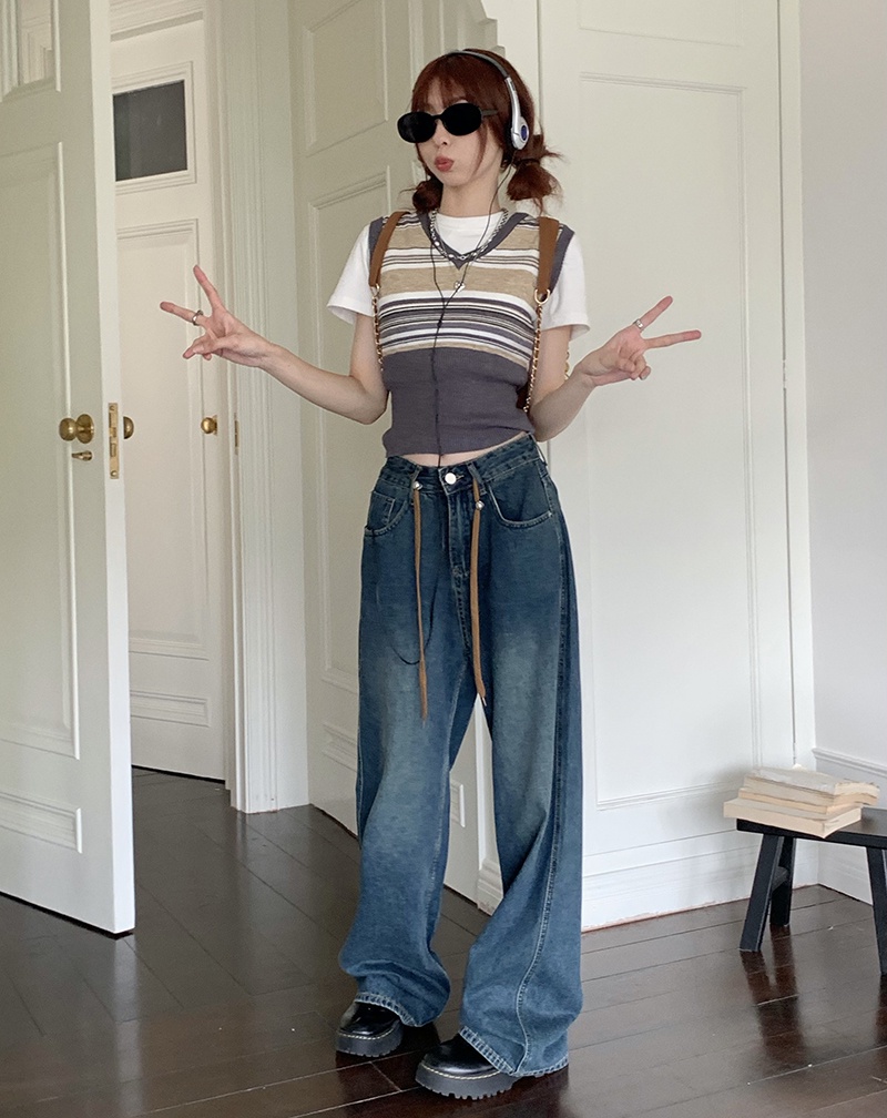 Quần Denim Ống Rộng Phối Dây Rút Phong Cách Retro 55787