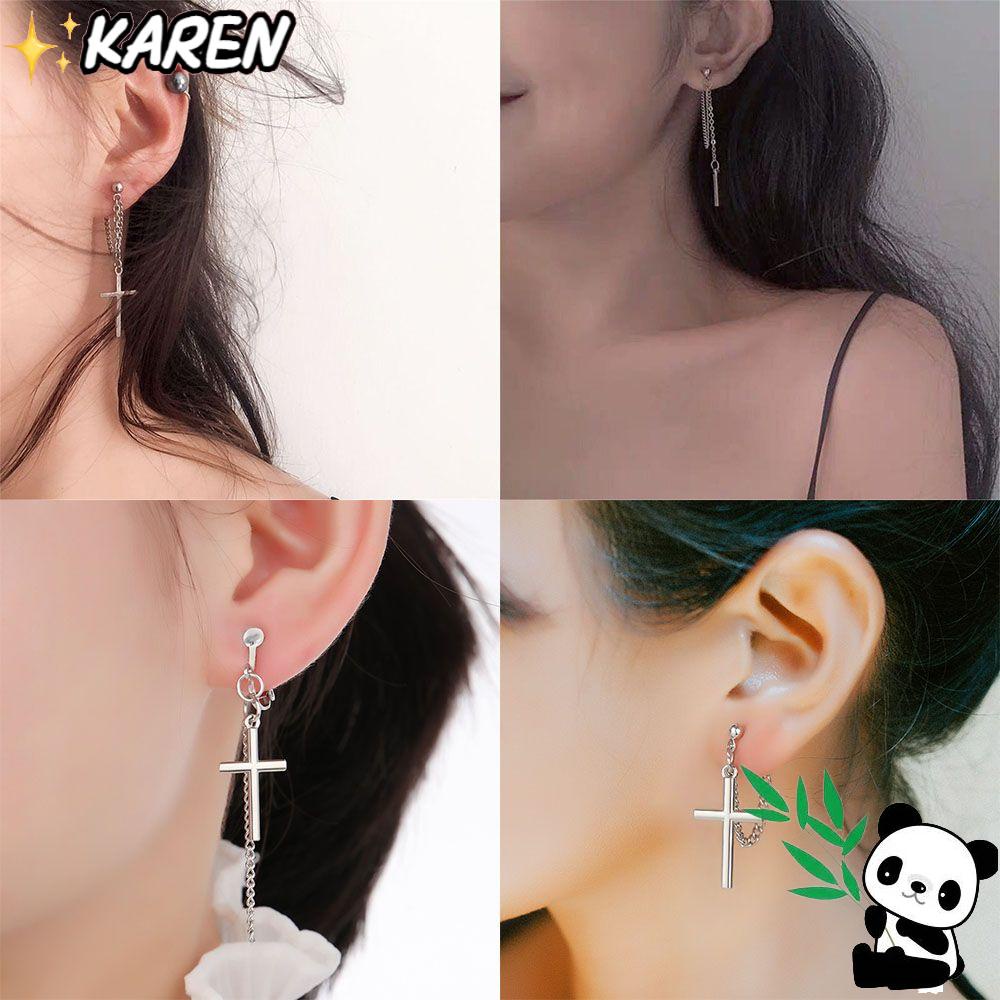 Karen Khuyên Tai Dây Xích Chéo Siêu Ngầu Không Xỏ Lỗ Cho Nữ