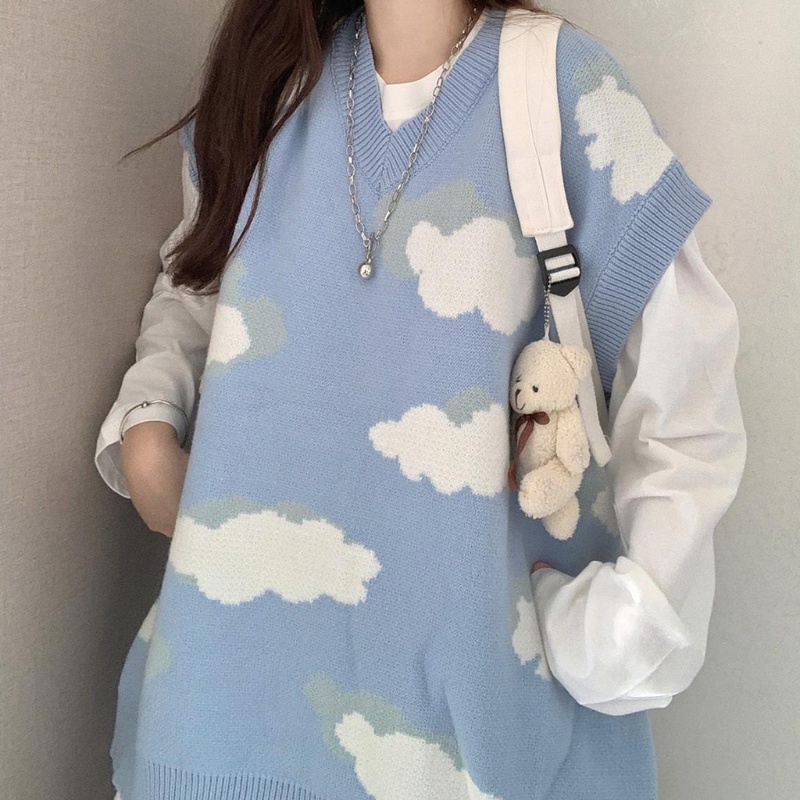 Xiangbao Áo Sweater Dệt Kim Tay Dài Dáng Rộng In Hình Đám Mây Phong Cách Harajuku Cho Nữ Thanh Thiếu Niên