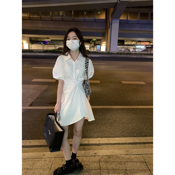 Đầm Trắng Tay Phồng Thiết Kế Lệch Tà Thời Trang Mùa Hè Mới Cho Nữ