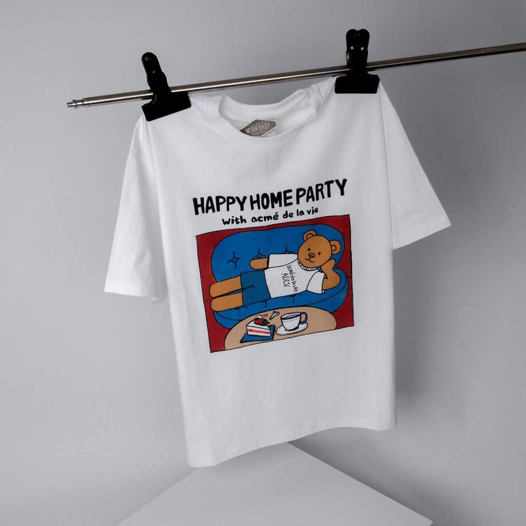 Áo phông ADLV chính hãng in hình Gấu Happy Home Party, áo trắng Acmé De La Vie vải cotton mịn thoáng mát
