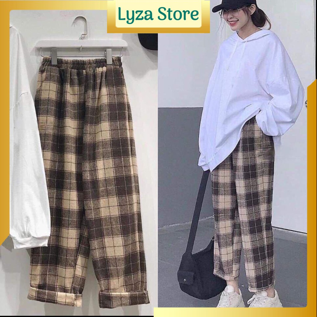 Quần kẻ sọc caro dáng suông form rộng dưới 60kg - Lyza Store