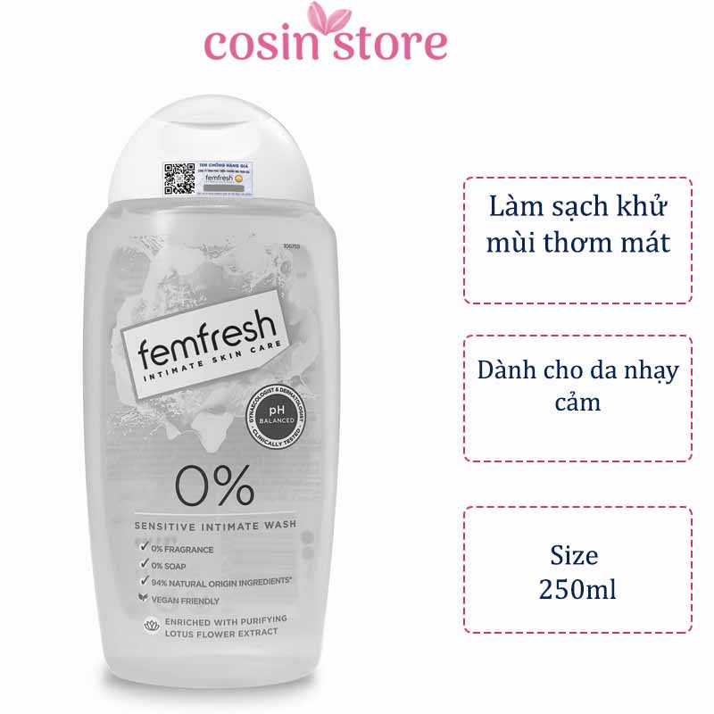 Dung dịch vệ sinh phụ nữ cao cấp cho da nhạy cảm Femfresh 0% Sensitive Intimate Wash 250ml Cosin Store