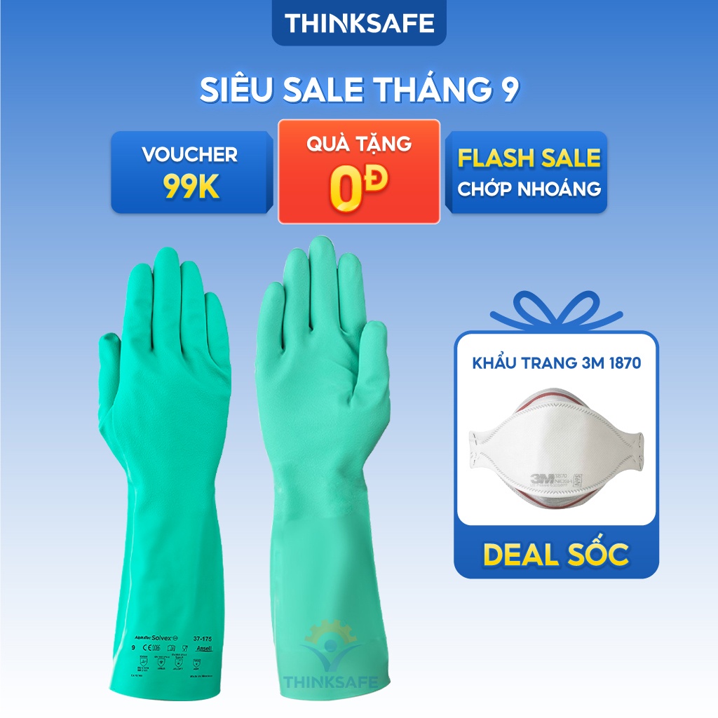 Găng cao su chống dầu nhớt Ansell 37-175, chất liệu nitrile chống hóa chất, tẩy rửa, chắc tay chống trơn trượt Thinksafe