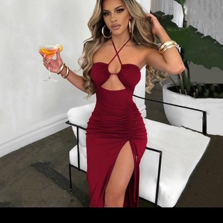 Đầm gân nữ dáng body xẽ tà kiễu xoắn ngực có mút cổ dây yếm chéo hot 62