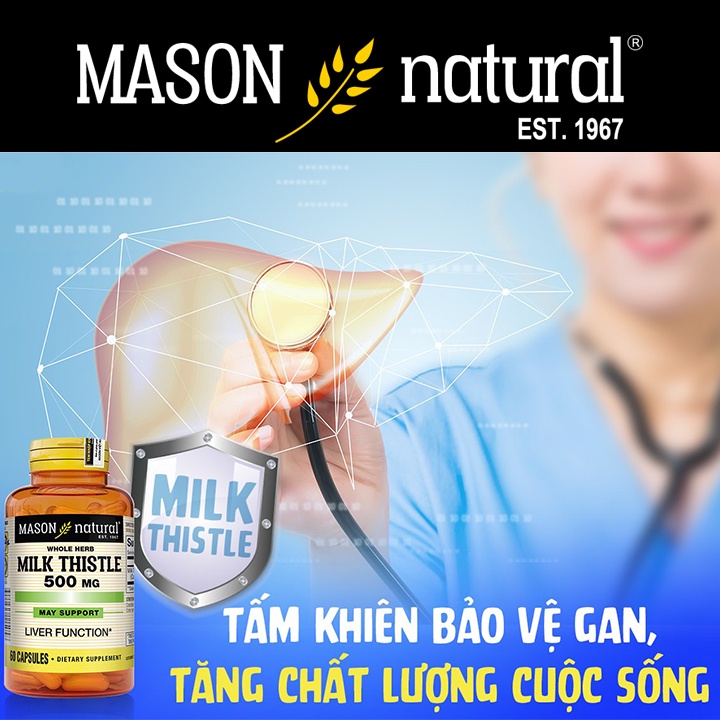 Viên uống bổ gan Mason Natural Milk Thistle 500mg giúp giảm tình trạng men gan cao bảo vệ và tăng cường chức năng gan
