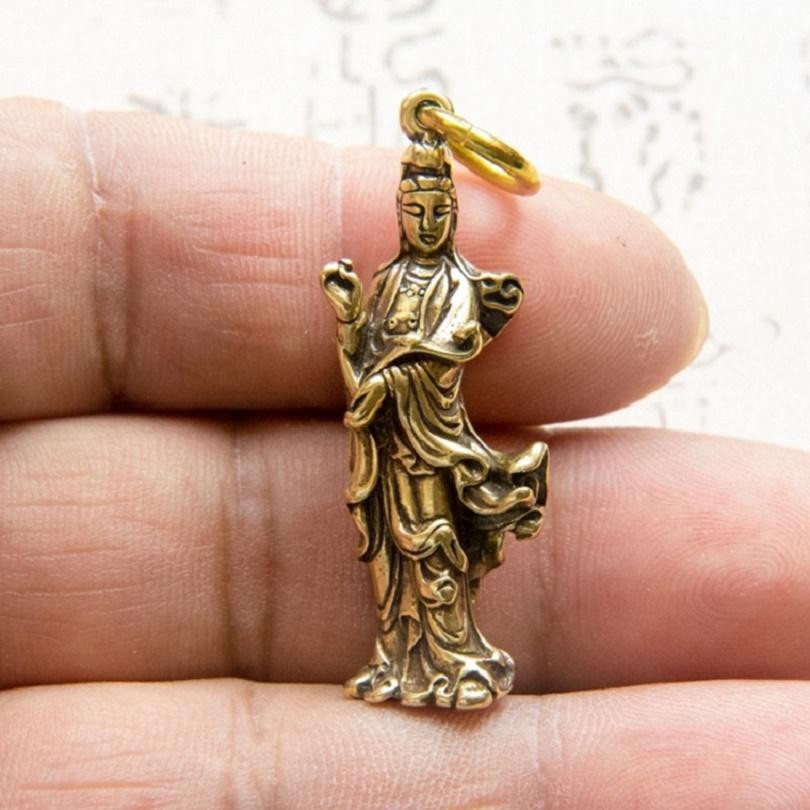 ❒✢Đồng nguyên chất Ruyi Guanyin Móc khóa Mặt dây chuyền bằng Đồ trang trí Phật Bà Ping Tượng Bồ tát