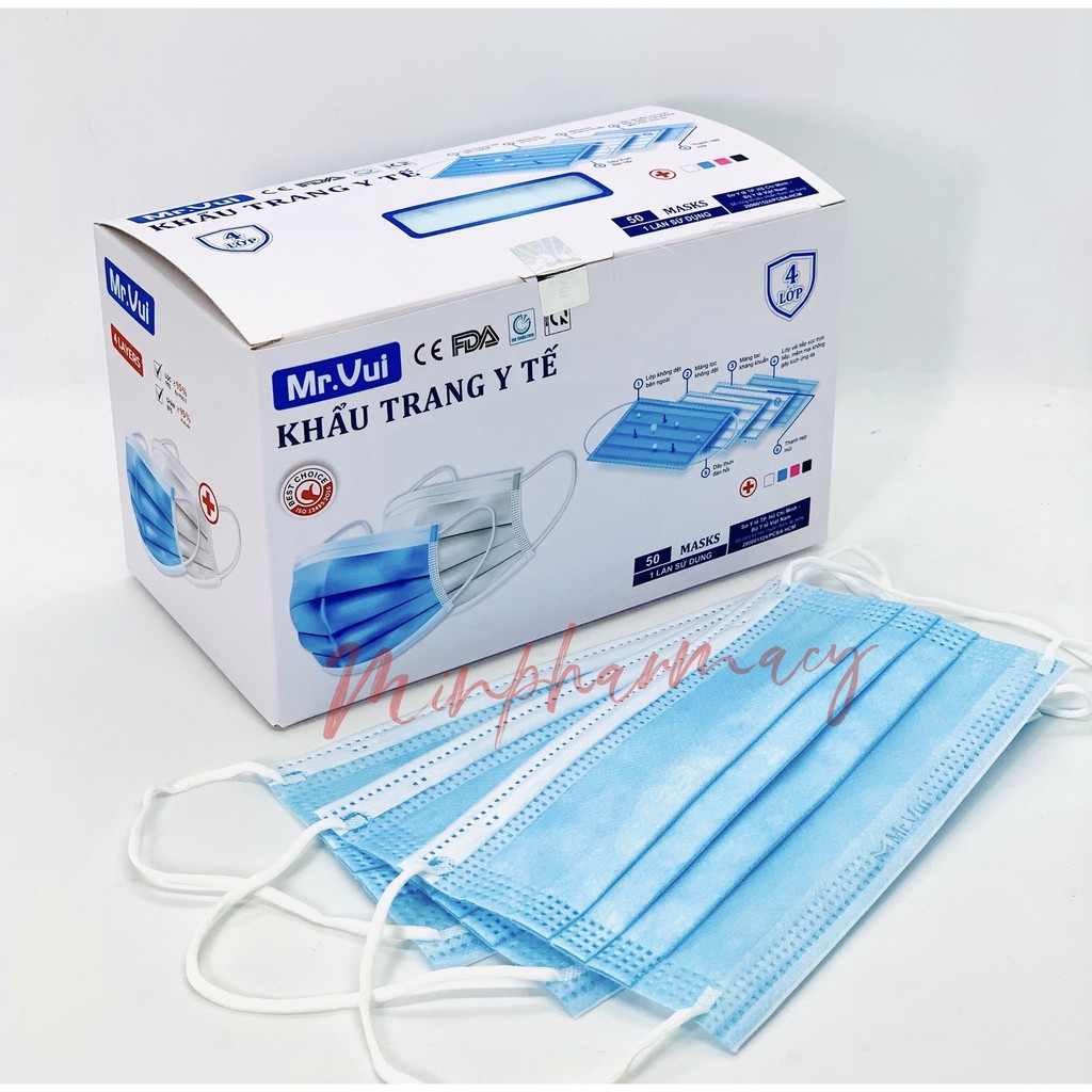 KHẨU TRANG Y TẾ 4 LỚP Mr.VUI - VẢI KHÔNG DỆT KHÁNG KHUẨN – HỘP 50 CÁI - Minpharmacy