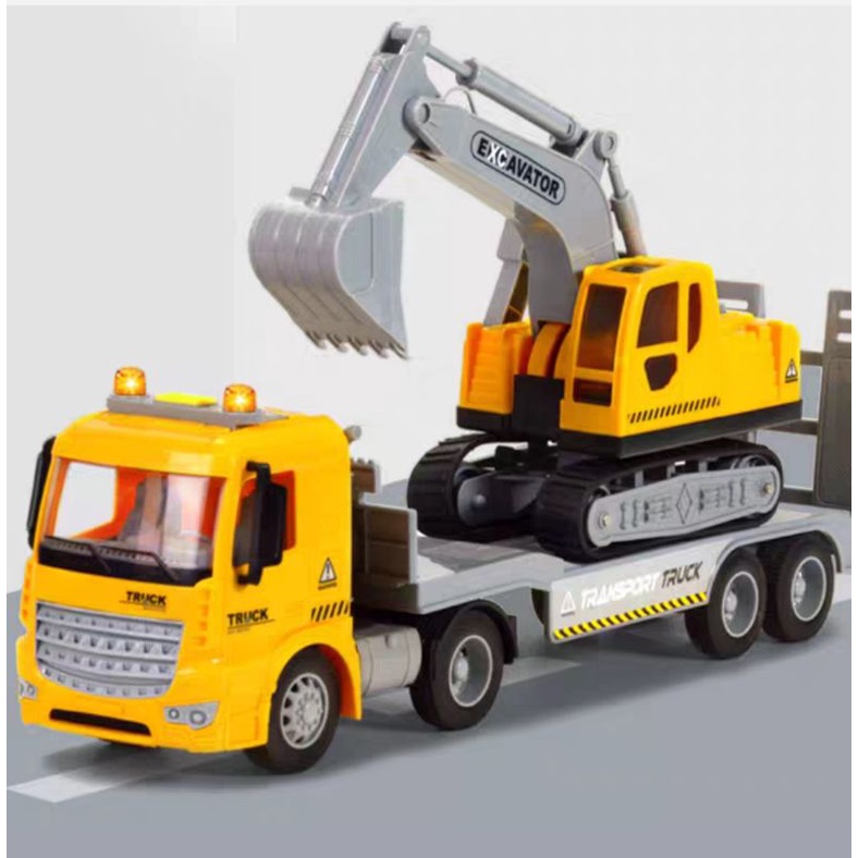 Xe mô hình container chở máy xúc cho bé