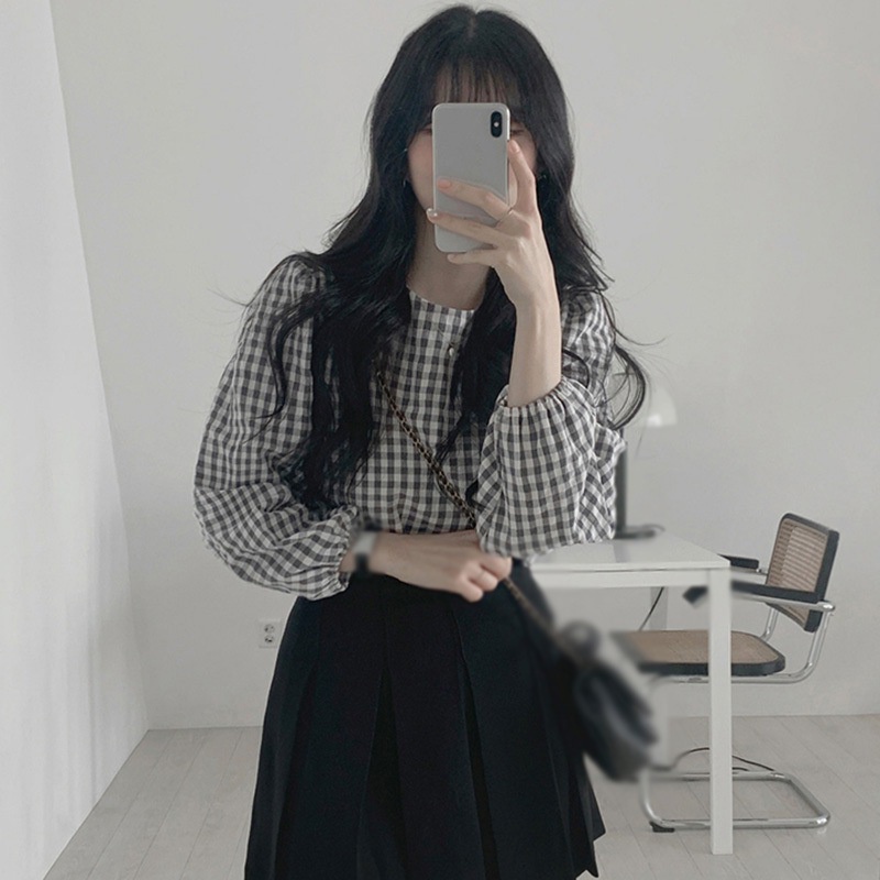 Áo Sơ Mi Nữ Áo Nữ Tay Dài Cổ Tròn Họa Tiết Caro Thời Trang Quyến Rũ