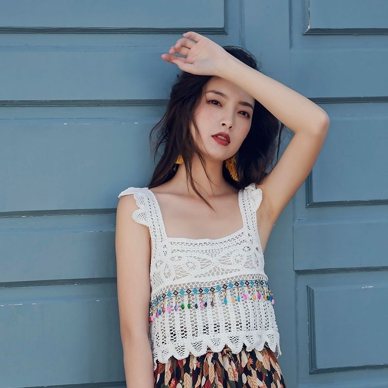 Hàng Có Sẵn Mới Áo Dệt Kim Sát Nách Cổ Vuông Dáng Ngắn Phong Cách Bohemian Thái Lan Đi Biển Nghỉ Mát