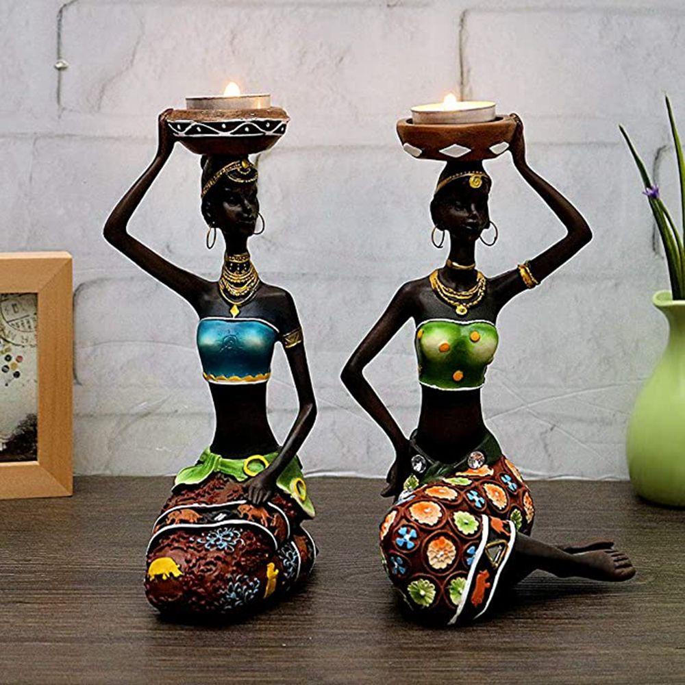 Giá Đỡ Đèn Cầy Bằng Gỗ Khắc Hình Cô Gái Bộ Lạc Độc Đáo Trang Trí Bàn Ăn