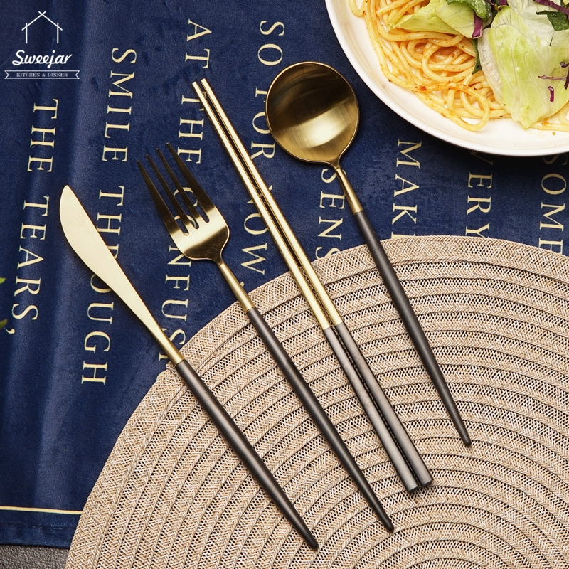 SWEEJAR Dụng cụ bàn ăn  bằng thép không gỉ phong cách Bắc Âu tông màu đen vàng chất lượng cao thời trang