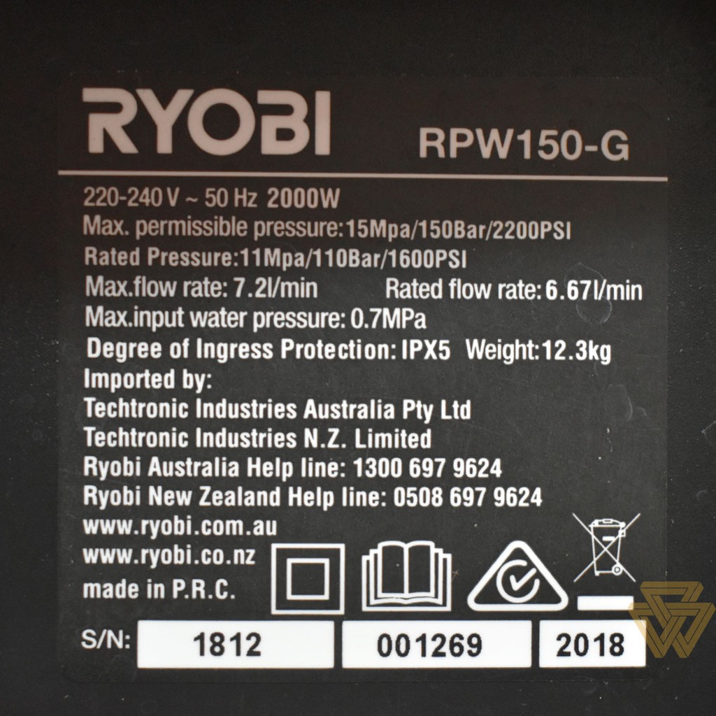 Máy Rửa Xe Cao Áp 2000W 2200PSI Ryobi RPW150-G