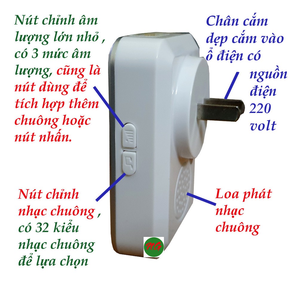 Bộ chuông cửa không dây có 2 CHUÔNG với nút nhấn không dùng pin nên có thể để ngoài trời ATA AT-915M