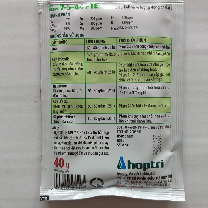 Phân bón lá vi lượng NPK 7-5-44 + TE - Ra hoa sớm - 40gr