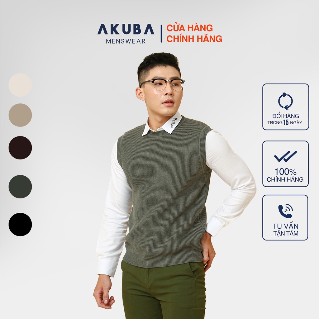 Áo gile nam len trơn AKUBA form regular, chất liệu len dệt kim 029057 - Hàng mới về