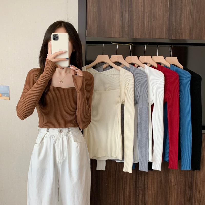 Áo Dệt Kim Mỏng Cổ Vuông Màu Đen Thời Trang Thu Đông Phong Cách Hàn Quốc Cho Nữ