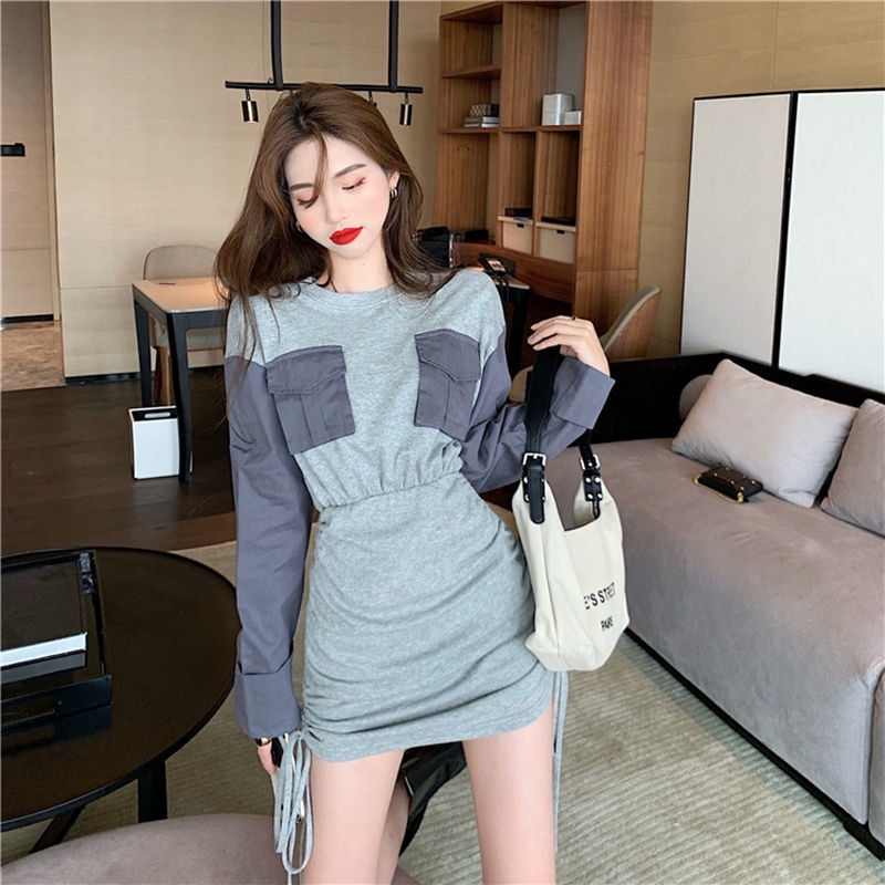 Đầm chiết eo tay dài tôn dáng phối màu thời trang mùa thu đông cho nữ size lớn M-4XL