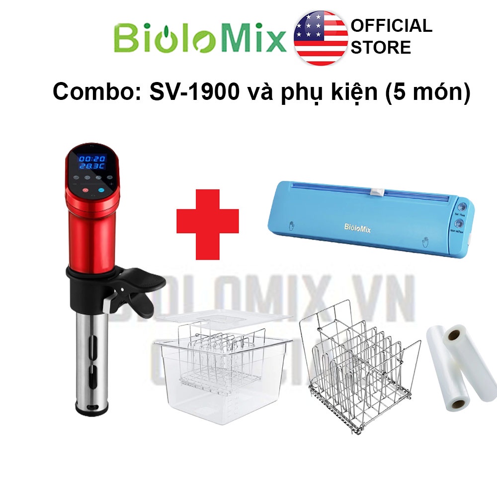 [BioloMix Brand] Combo máy nấu chậm Sous vide BioloMix SV-1900 màu đỏ và máy hút chân không W200 và phụ kiện 5 món