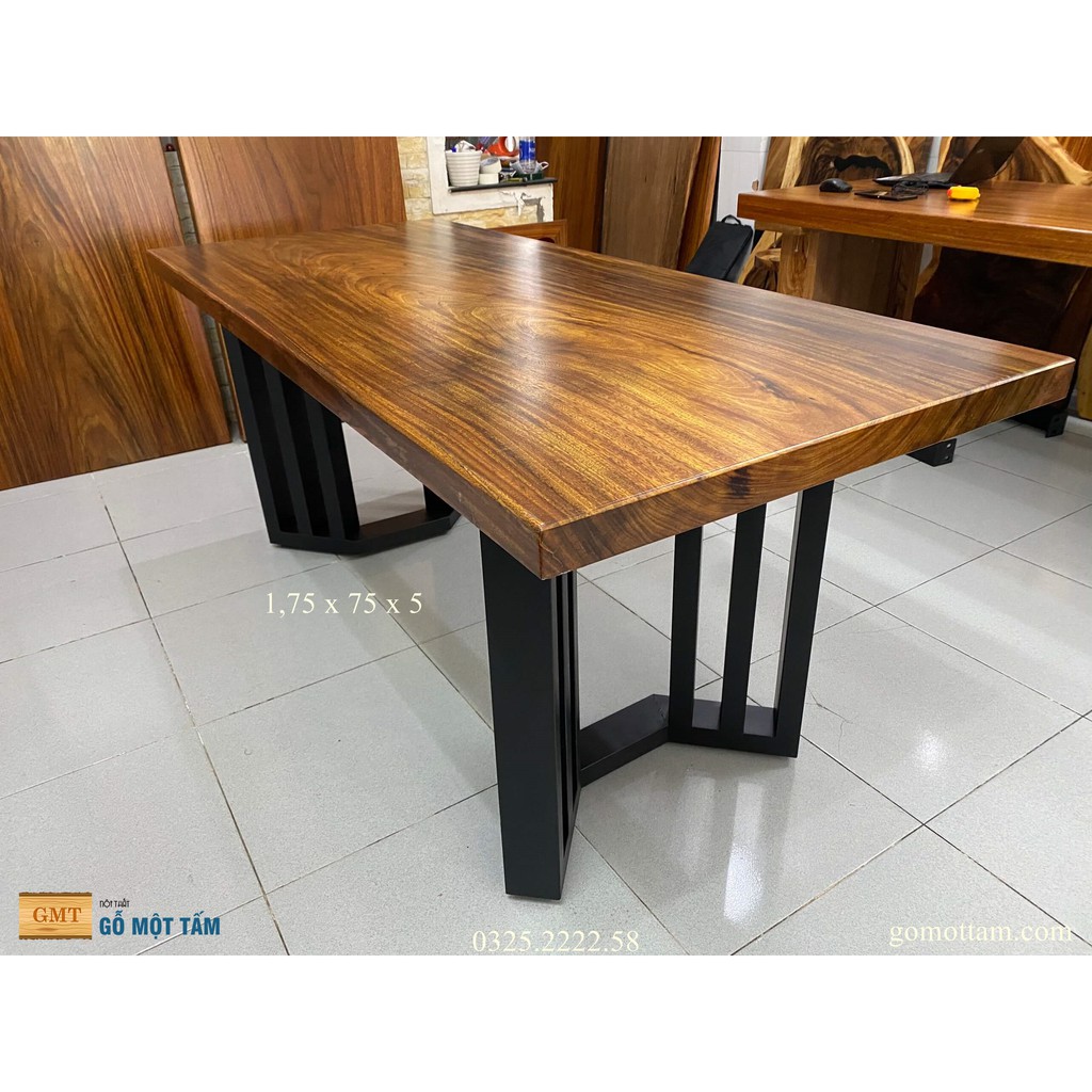 Bàn gỗ me tây nguyên tấm cho 6 ghế dài 1,75m x rộng 75cm x dầy 5cm