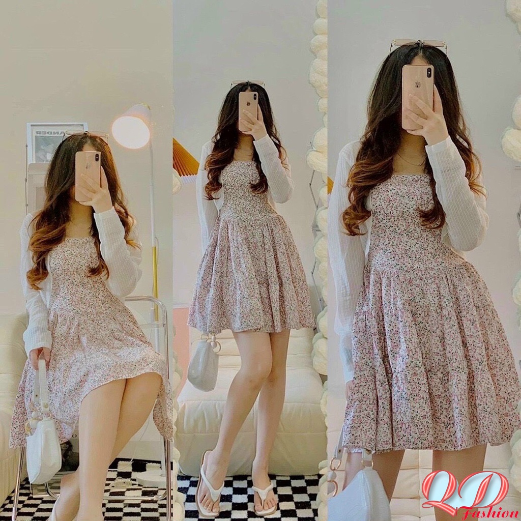 Đầm váy hai dây hoa nhí,váy hoa nhí dễ thương kèm áo khoác len mỏng xinh xinh QD DT040