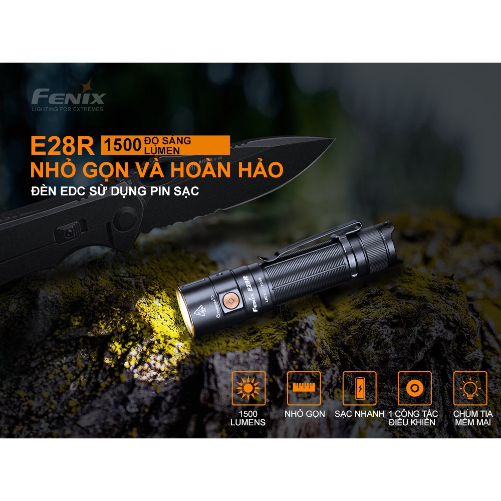 Đèn pin FENIX E28R độ sáng 1500 lumen chiếu xa 200m sạc USB C pin sạc 18650 3400mAh kèm theo