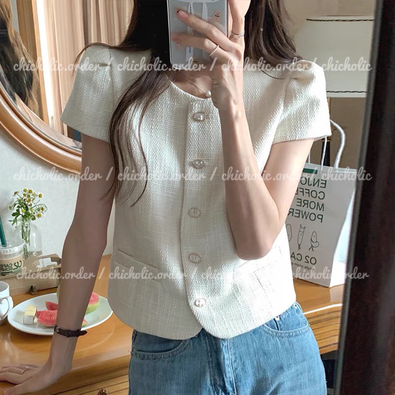 Áo Chất Tweed Màu Hồng/Trắng Cho Nữ 2022 có ảnh thật