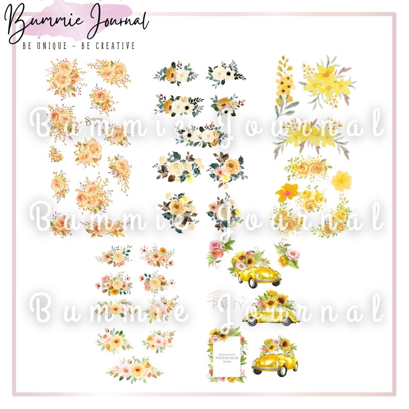 Set 39 sticker design hình hoa vàng phong cách vintage trang trí sổ journal