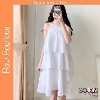 Váy Đầm Trắng Cổ Yếm 3 Tầng, Váy Nữ Hở Vai Dáng Xòe Chất Lụa Đi Biển Dạo Phố [VYD]