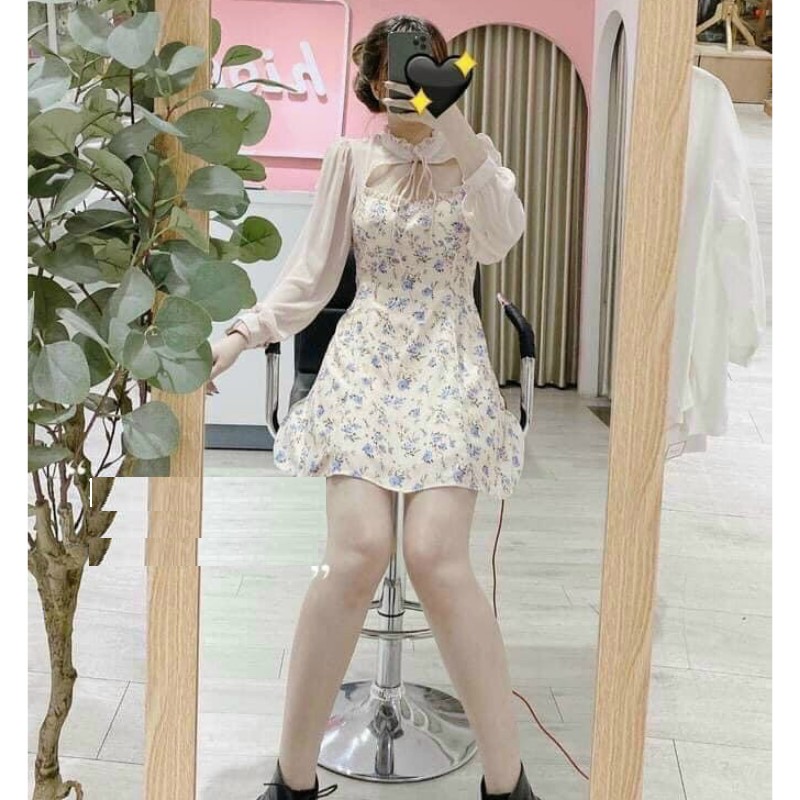 [Mã Kieumytran93 giảm 10K đơn 500K] Váy Nữ Bánh Bèo, Đầm Hoa Nhí Hở Cổ  Cột Nơ Phong Cách Tiểu Thư Hàn Quốc Siêu Xinh