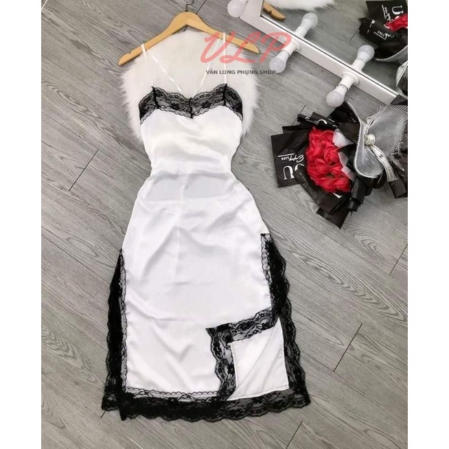 [BIGSIZE_65KG]_DN110_Váy ngủ lụa dài phối ren có mút ngực, đan dây lưng, xẻ tà sexy