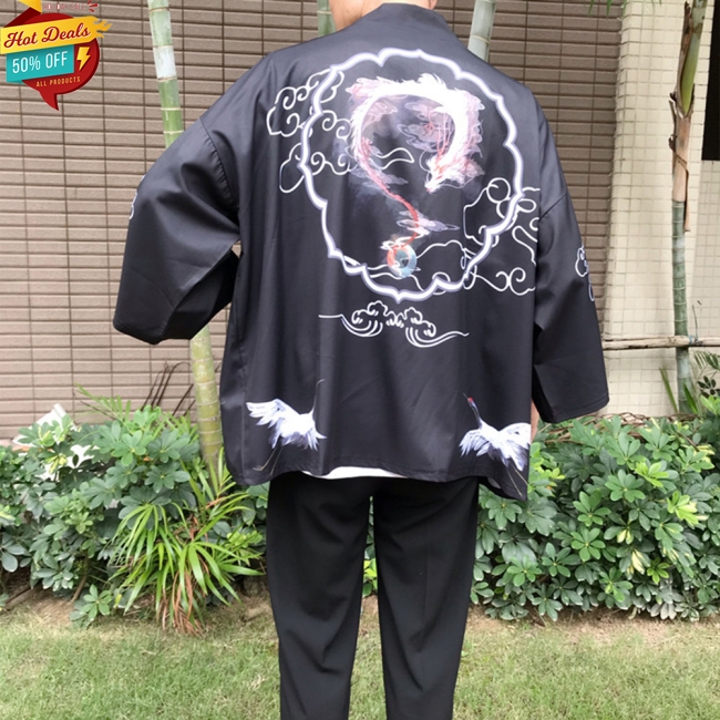 Áo Khoác Kimono Tay Lỡ In Họa Tiết Rồng Thời Trang