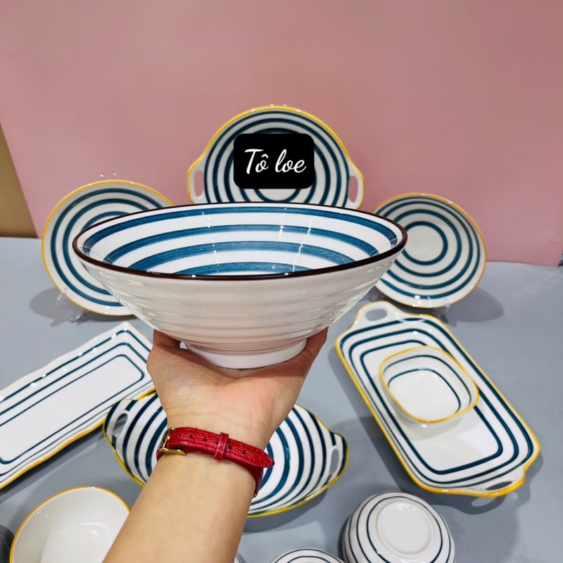 Bộ bát đĩa gốm sứ decor bộ Nhật kẻ siêu đẹp
