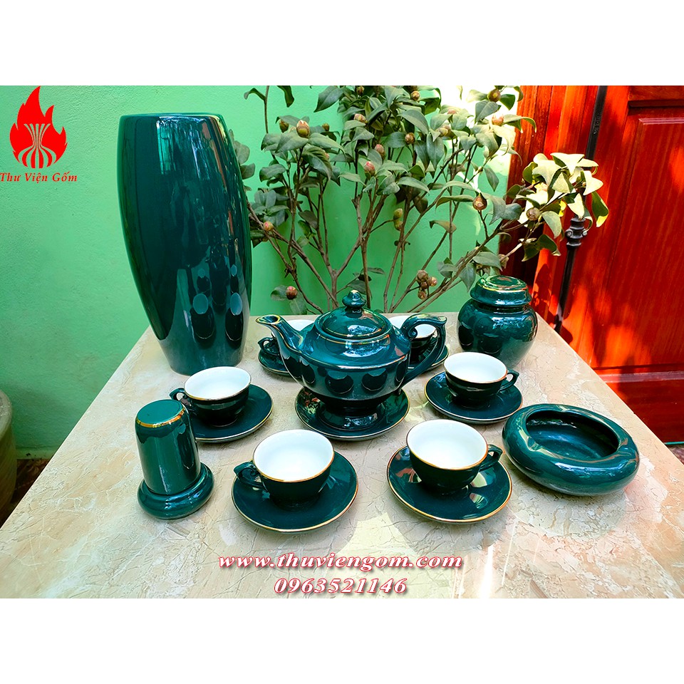 Bộ ấm chén men xanh cổ vịt vẽ vàng chuẩn Bát Tràng