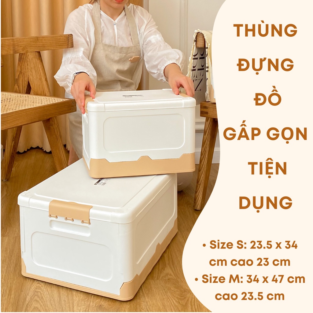 Hộp Nhựa Cứng Xếp Gọn Có Nắp Màu Trắng Viền Be - Thùng đựng quần áo, đồ chơi, dụng cụ đa năng - almondconcept