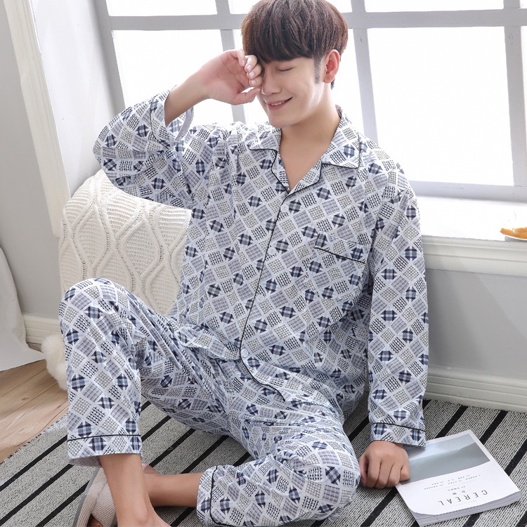 Bộ đồ ngủ cotton dệt kim tay dài phong cách mới dành cho nam trung niên