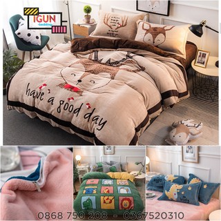 (Nhiều mẫu) Bộ Chăn Ga Gối NỈ NHUNG 3D IN hình dễ thương