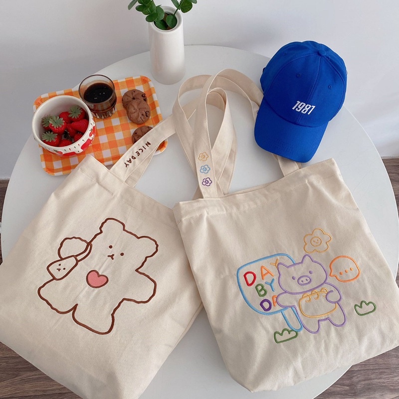 Túi tote style Hàn quốc gấu, heo hình thêu(có sẵn)