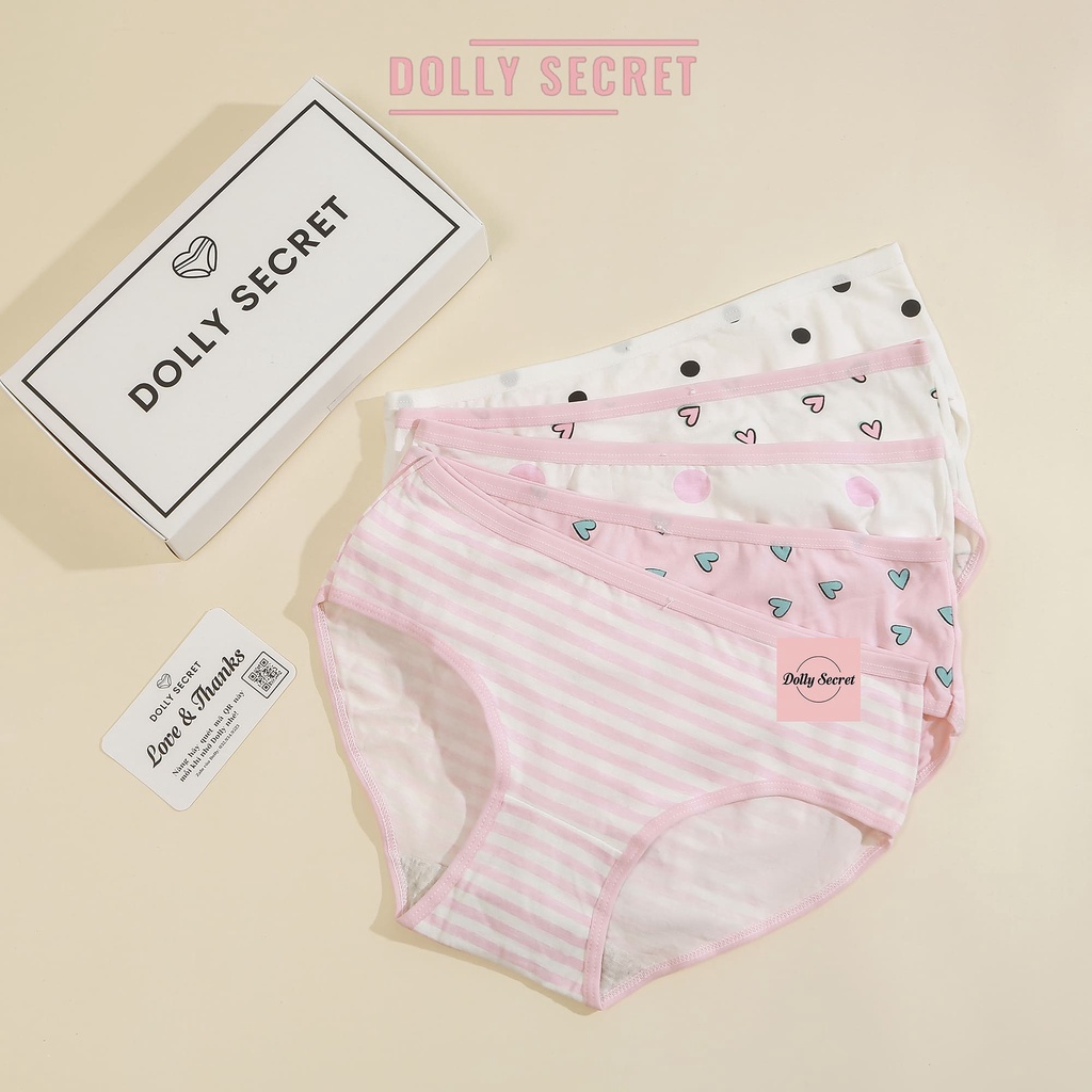 Quần lót nữ cotton phong cách nữ sinh màu trắng hồng họa tiết chấm bi kẻ ngang dễ thương đáng yêu DOLLY SECRET QL045