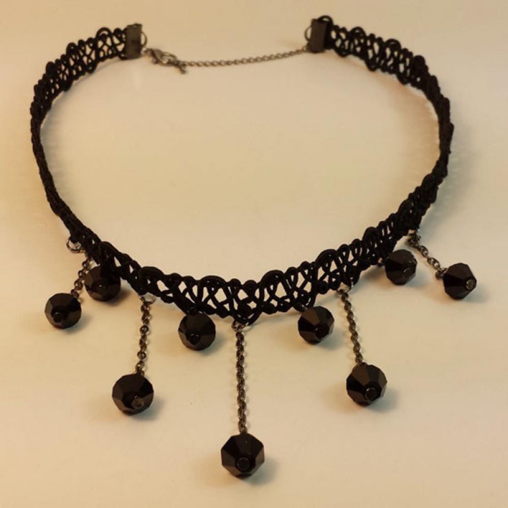 Vòng cổ choker dây vải đính hạt đá đen thời trang cá tính cho nữ